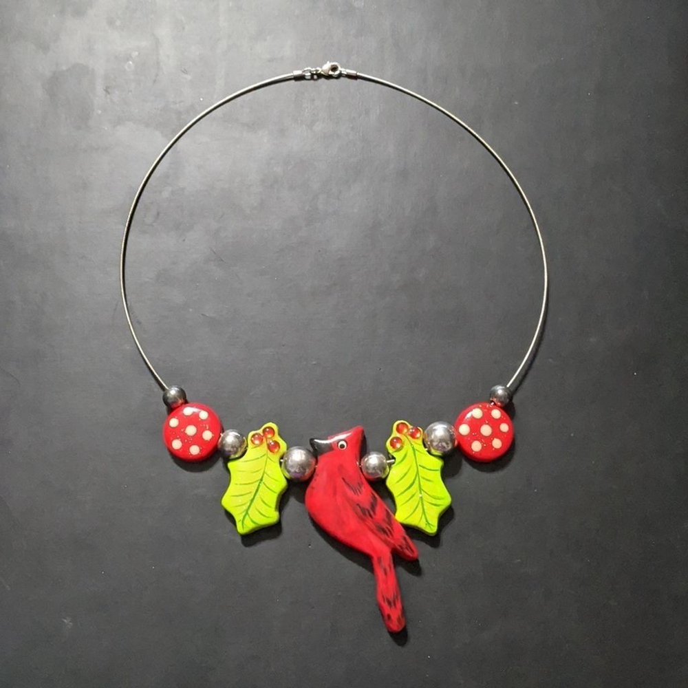 Porcelain Red Cardinal Bird Holly Leaves Mushrooms Beaded Statement Necklace